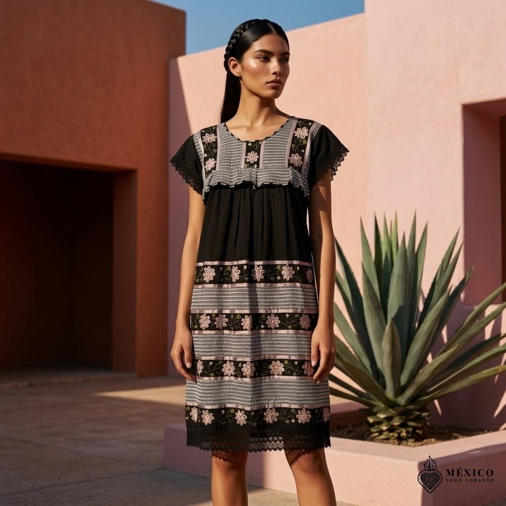 Black manta dress one piece Dress โ Mexican Folklore Wear one size fits all